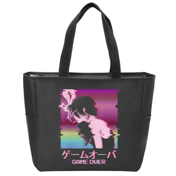 Japanese Vaporwave Sad Anime Girl Game Over Indie Aesthetic Zip Tote Bag