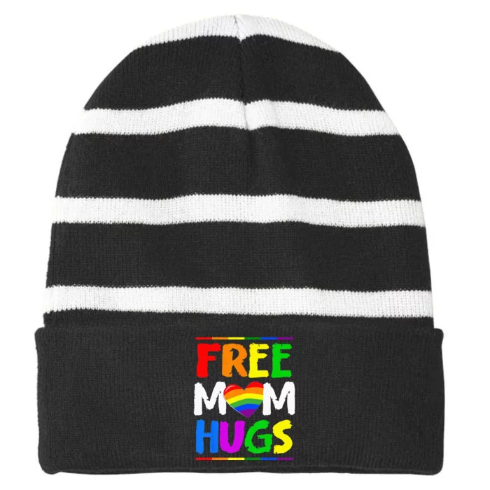 Free Mom Hugs LGBT LGBTQ Pride Month Rainbow Mom Support Striped Beanie with Solid Band