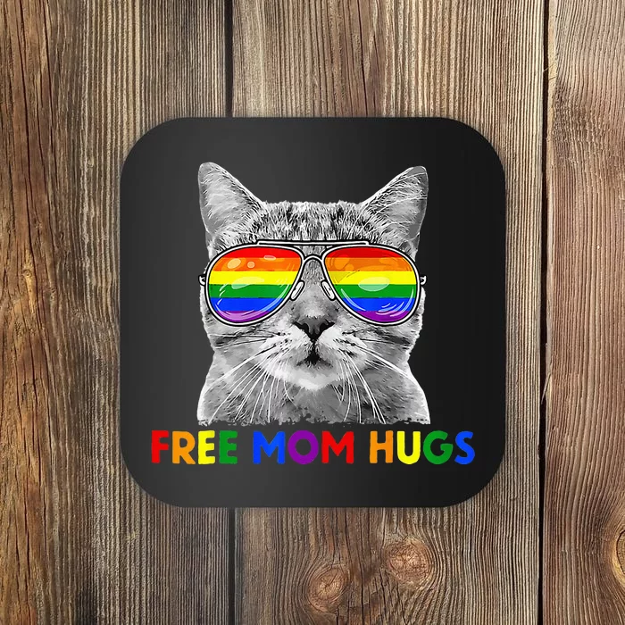 Free Mom Hugs Purride Proud Ally Cat Rainbow Flag LGBT Pride Coaster