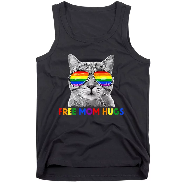 Free Mom Hugs Purride Proud Ally Cat Rainbow Flag LGBT Pride Tank Top