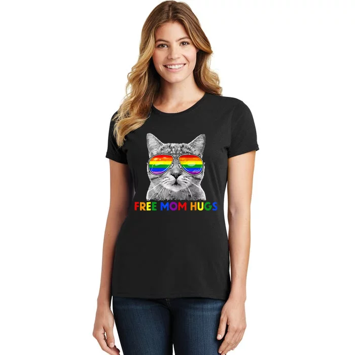 Free Mom Hugs Purride Proud Ally Cat Rainbow Flag LGBT Pride Women's T-Shirt