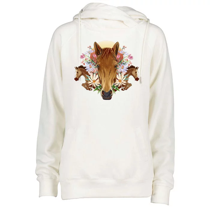 Floral Multi Horse Womens Funnel Neck Pullover Hood