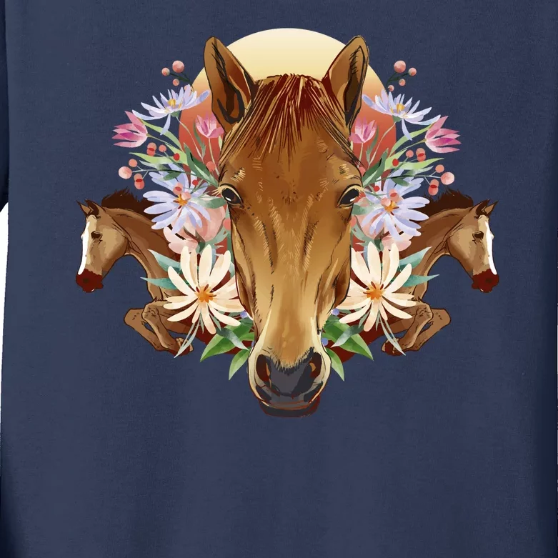 Floral Multi Horse Kids Long Sleeve Shirt