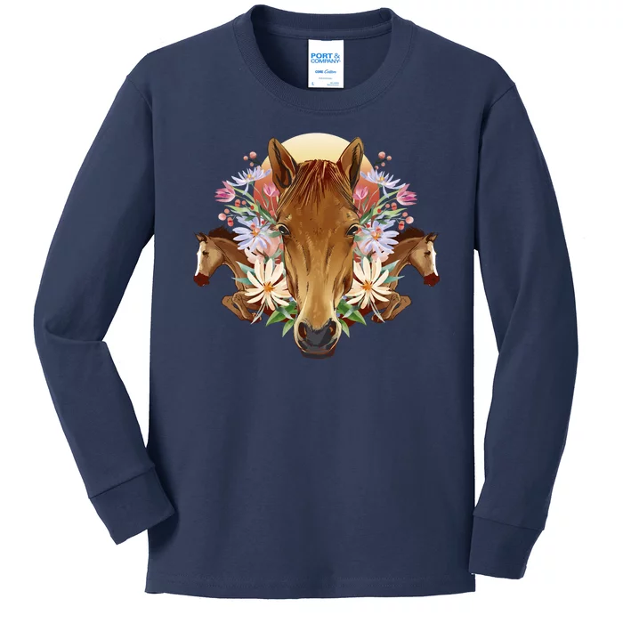 Floral Multi Horse Kids Long Sleeve Shirt