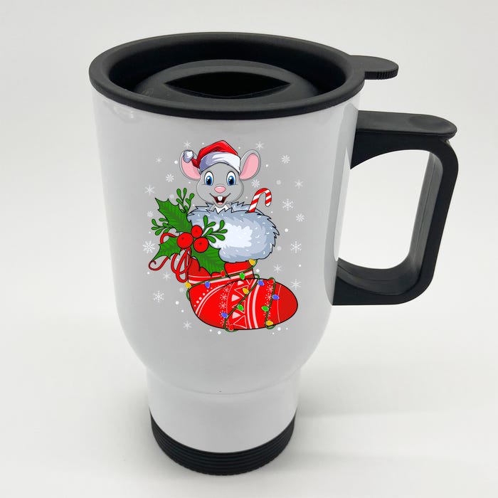 Funny Mouse In Christmas Socks Santa Mouse Xmas Gift Front & Back Stainless Steel Travel Mug