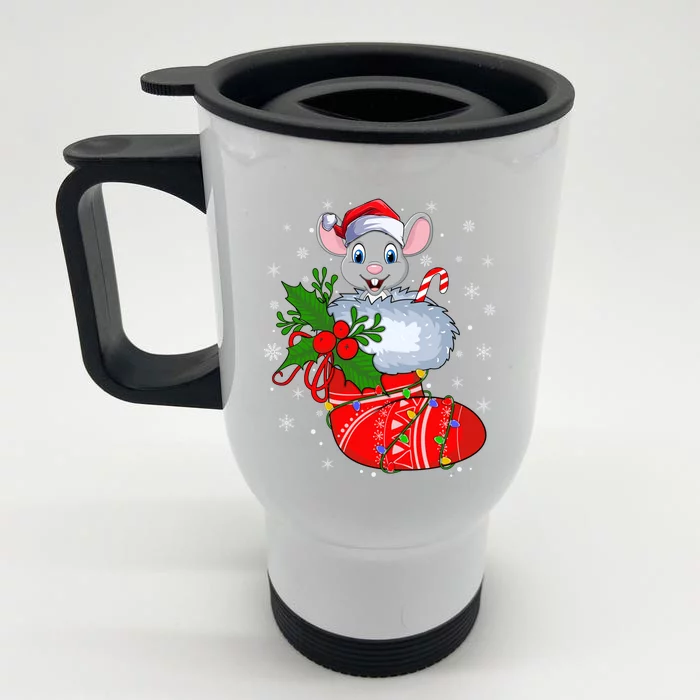 Funny Mouse In Christmas Socks Santa Mouse Xmas Gift Front & Back Stainless Steel Travel Mug