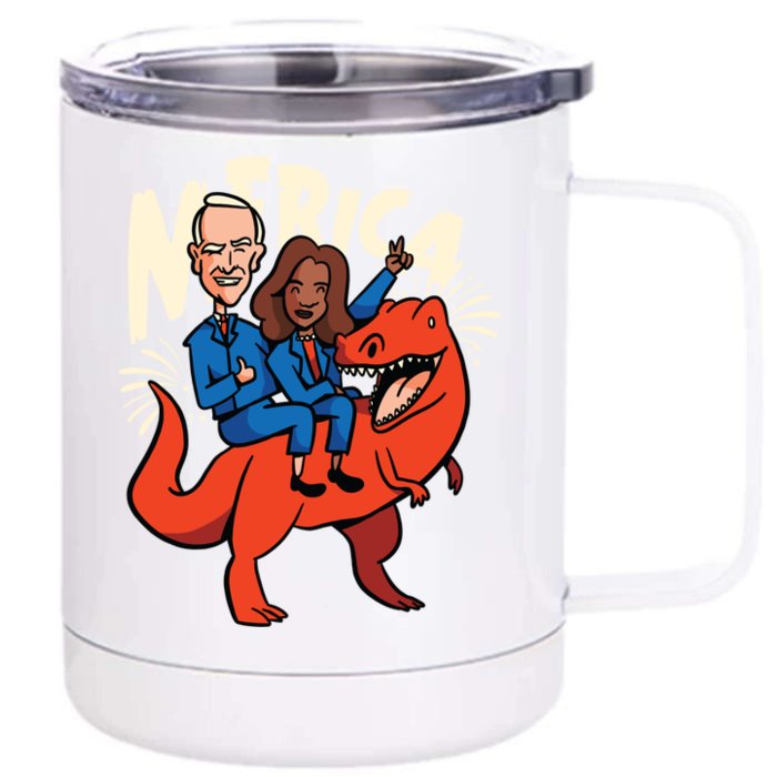 Funny Merica Joe Biden With Kamala Riding T Rex 4th Of July Gift Front & Back 12oz Stainless Steel Tumbler Cup