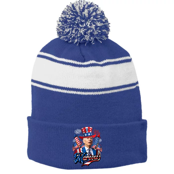 Funny Merica Joe Biden 4th Of July Firework US American Flag Stripe Pom Pom Beanie