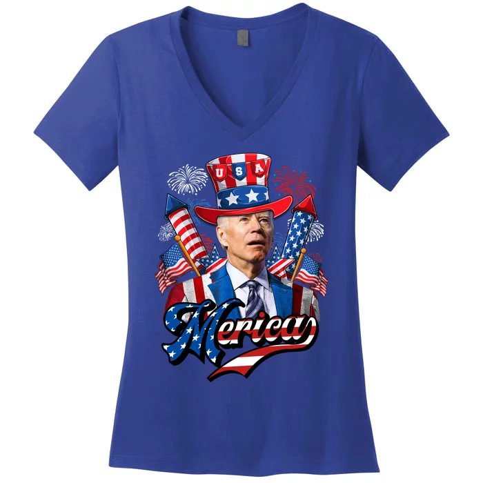 Funny Merica Joe Biden 4th Of July Firework US American Flag Women's V-Neck T-Shirt