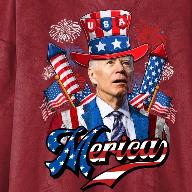 Funny Merica Joe Biden 4th Of July Firework US American Flag Hooded Wearable Blanket