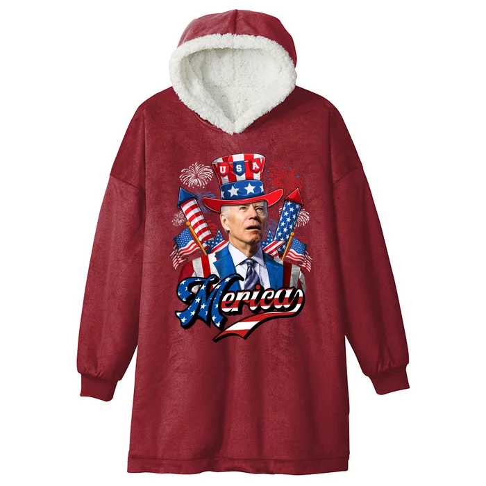 Funny Merica Joe Biden 4th Of July Firework US American Flag Hooded Wearable Blanket