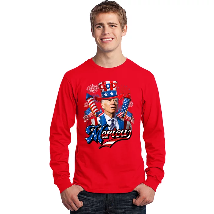 Funny Merica Joe Biden 4th Of July Firework US American Flag Long Sleeve Shirt