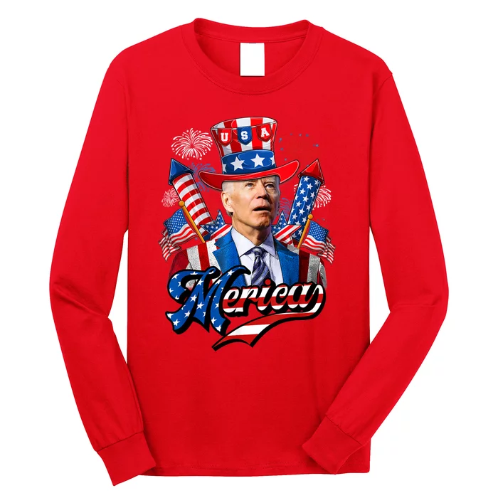 Funny Merica Joe Biden 4th Of July Firework US American Flag Long Sleeve Shirt