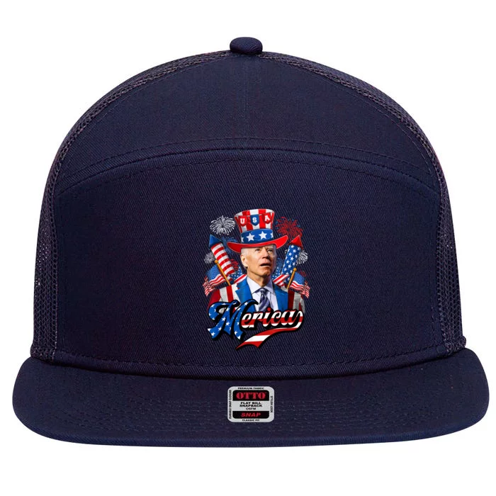 Funny Merica Joe Biden 4th Of July Firework US American Flag 7 Panel Mesh Trucker Snapback Hat