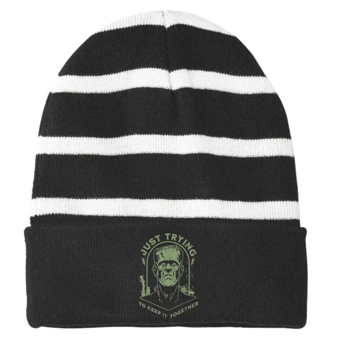 Frankenstein Monster Just Trying To Keep It Together Striped Beanie with Solid Band