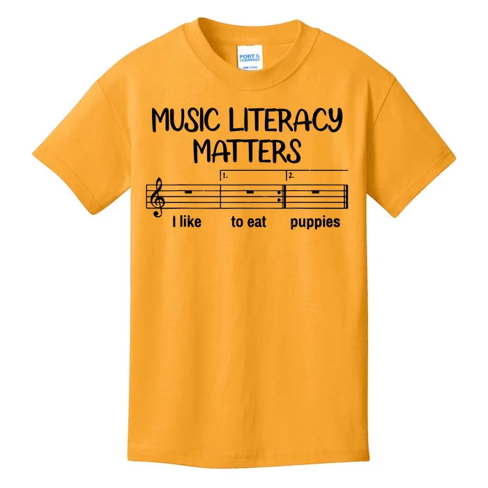 Funny Music Literacy Matters I Like To Eat Puppies Kids T-Shirt