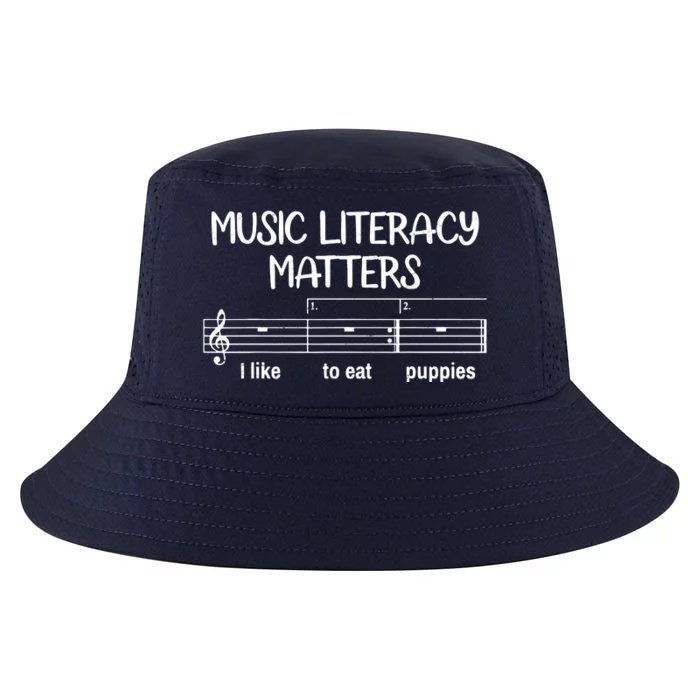 Funny Music Literacy Matters I Like To Eat Puppies Cool Comfort Performance Bucket Hat