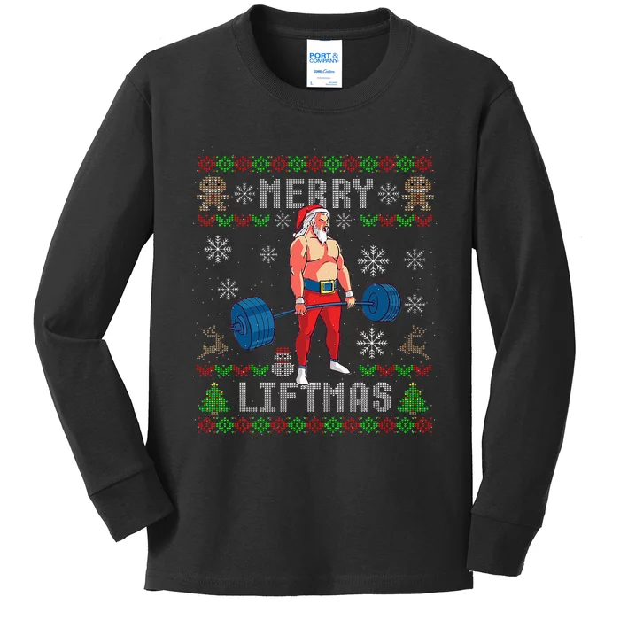 Funny Merry Liftmas Ugly Christmas Workout Powerlifting Kids Long Sleeve Shirt