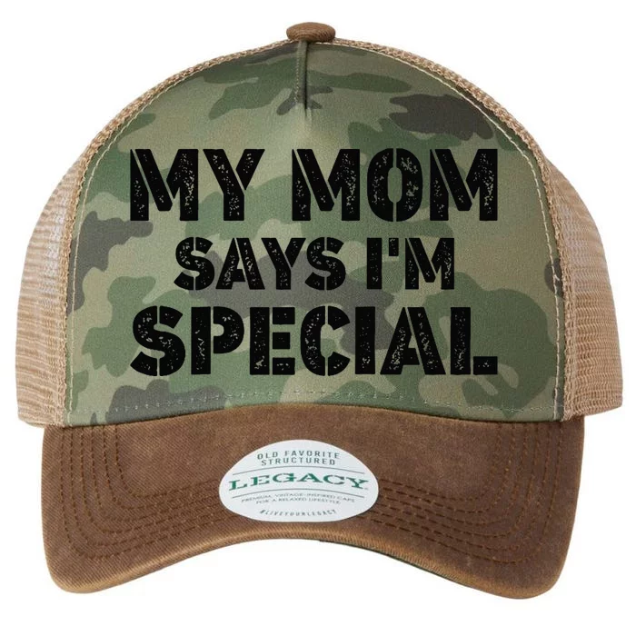 Funny My Mom Says I'm Special for Sons and Daughters Raglan Baseball Tee Legacy Tie Dye Trucker Hat