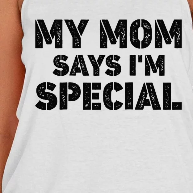 Funny My Mom Says I'm Special for Sons and Daughters Raglan Baseball Tee Women's Knotted Racerback Tank