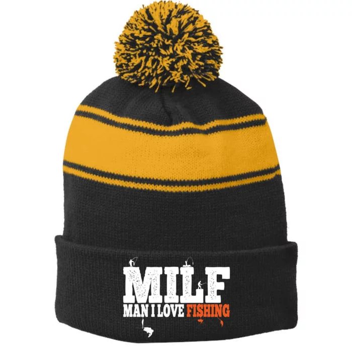 Funny MILF Man I Love Fishing Vintage Milf Fishing Shirt Fishing Lover Stripe Pom Pom Beanie