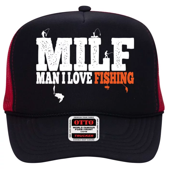 Funny MILF Man I Love Fishing Vintage Milf Fishing Shirt Fishing Lover High Crown Mesh Trucker Hat