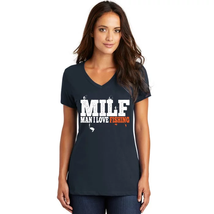 Funny MILF Man I Love Fishing Vintage Milf Fishing Shirt Fishing Lover Women's V-Neck T-Shirt