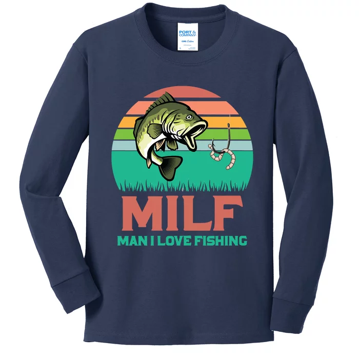 TeeShirtPalace | Funny MILF Man I Love Fishing Vintage Milf Fishing Shirt  Fisherman Shirt Kids Long Sleeve Shirt