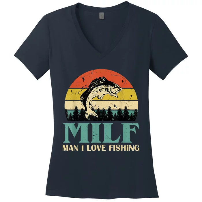 Funny MILF Man I Love Fishing Vintage Milf Fishing Shirt Fisherman Shirt Women's V-Neck T-Shirt