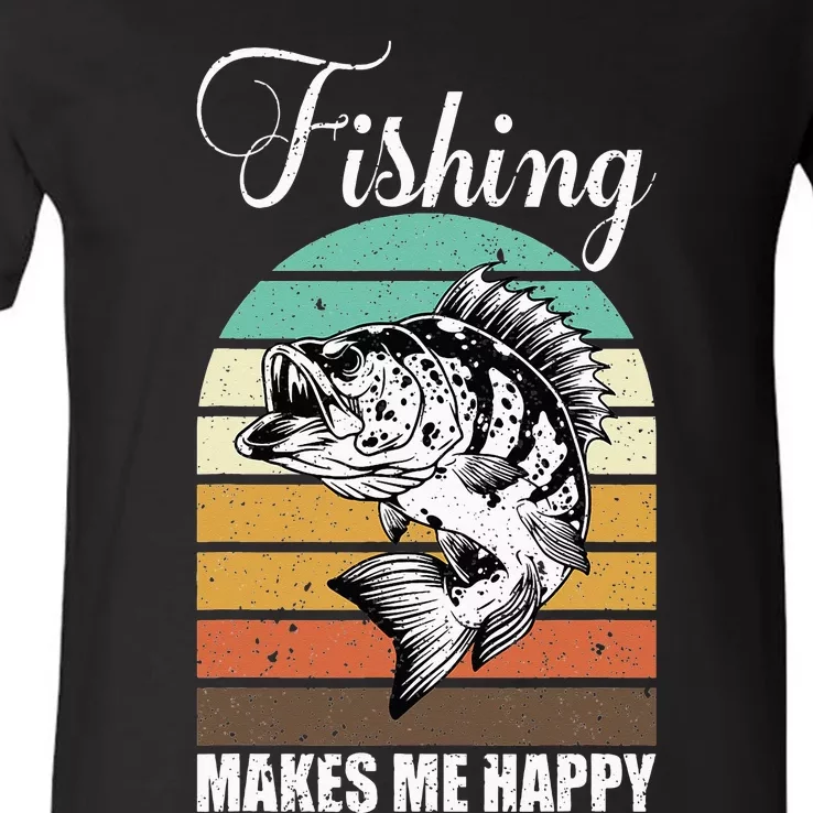 Fishing Makes Me Happy Retro V-Neck T-Shirt