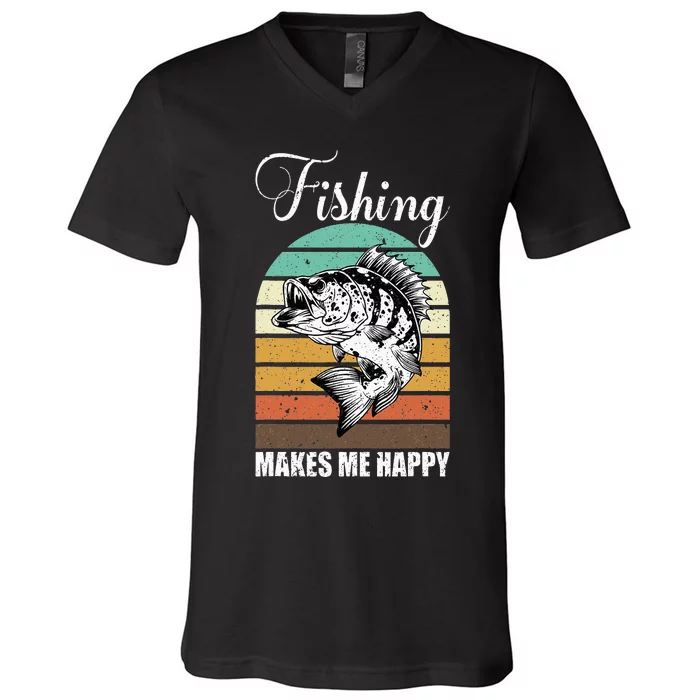 Fishing Makes Me Happy Retro V-Neck T-Shirt