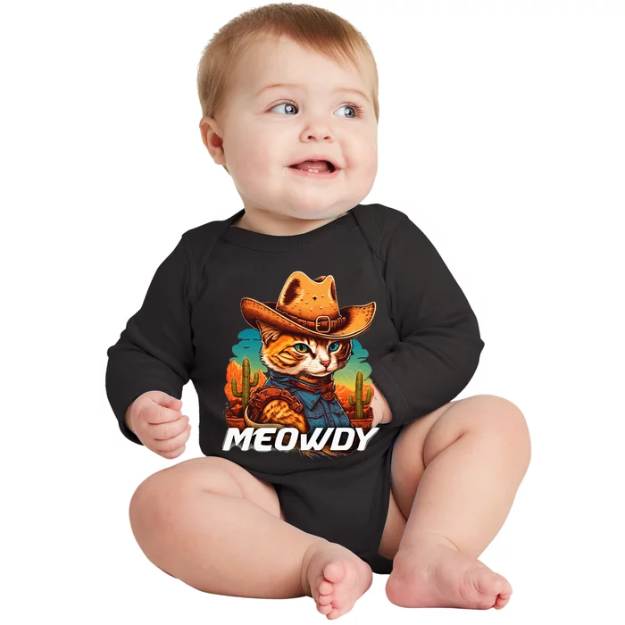 Funny Mashup Meowdy Cat Cowboy Hat Country Lover Baby Long Sleeve Bodysuit