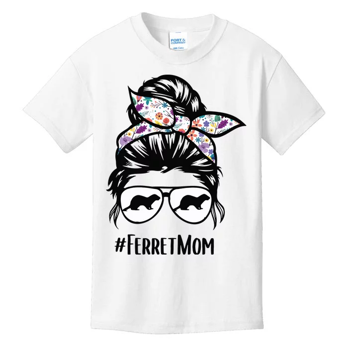 Ferret Mom Messy Bun Hair Glasses For Ferret Lovers Owners Kids T-Shirt