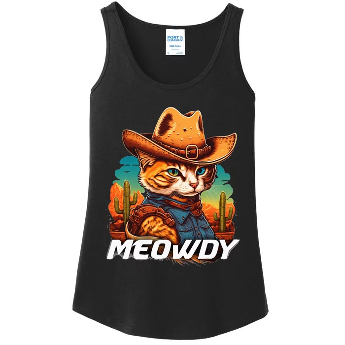 Funny Mashup Meowdy Cat Cowboy Hat Country Lover Ladies Essential Tank