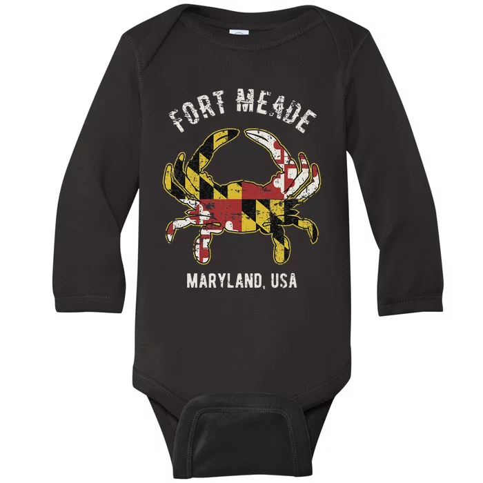 Fort Meade Maryland Usa Crab Vintage Distressed Style Design Baby Long Sleeve Bodysuit