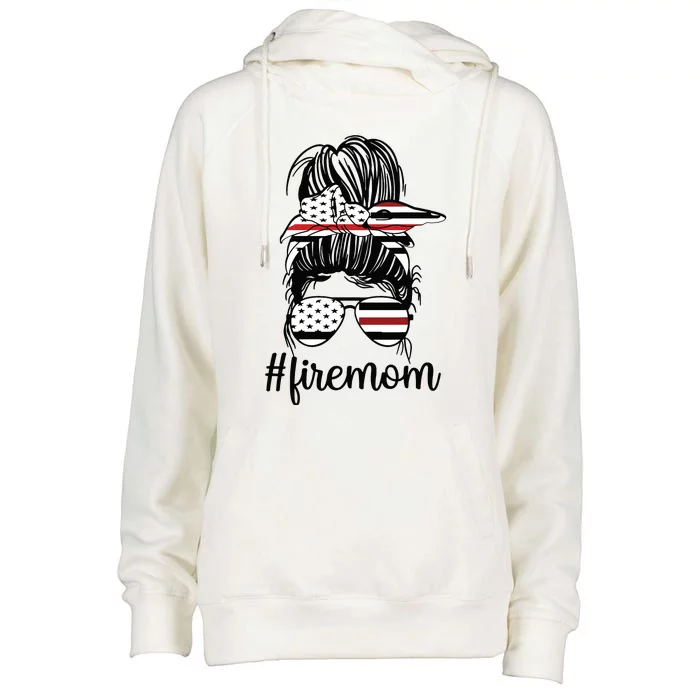 Firefighter Mom Messy Bun Fire Mom Mother Thin Red Line Womens Funnel Neck Pullover Hood