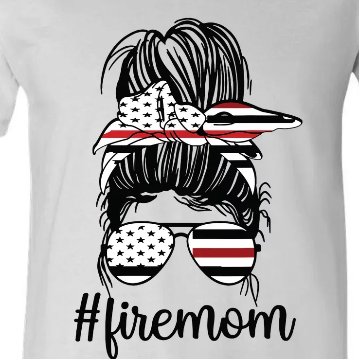 Firefighter Mom Messy Bun Fire Mom Mother Thin Red Line V-Neck T-Shirt