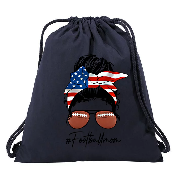 Football Mom Meaningful Gift American Flag Messy Bun Football Mom Gift Drawstring Bag