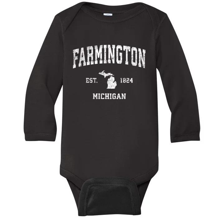 Farmington Michigan Mi Vintage Athletic Sports Baby Long Sleeve Bodysuit