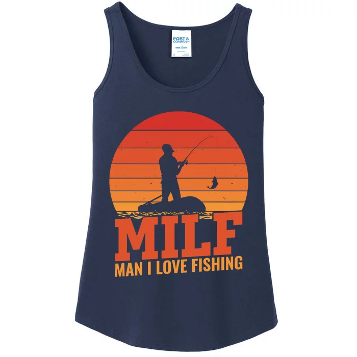 Funny MILF Man I Love Fishing Vintage Milf Fishing Shirt Dad Fisher Ladies Essential Tank