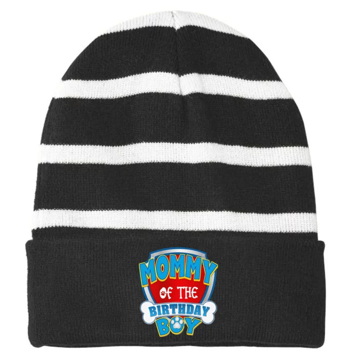 Funny Mommy Of The Birthday Boy Dog Paw Family Matching Gift Striped Beanie with Solid Band