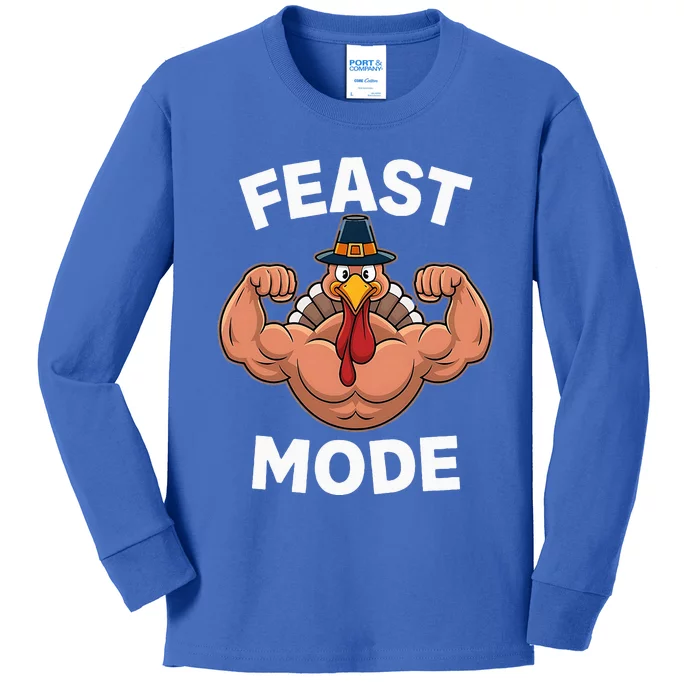 Feast Mode On Turkey Muscle Thanksgiving Kids Long Sleeve Shirt