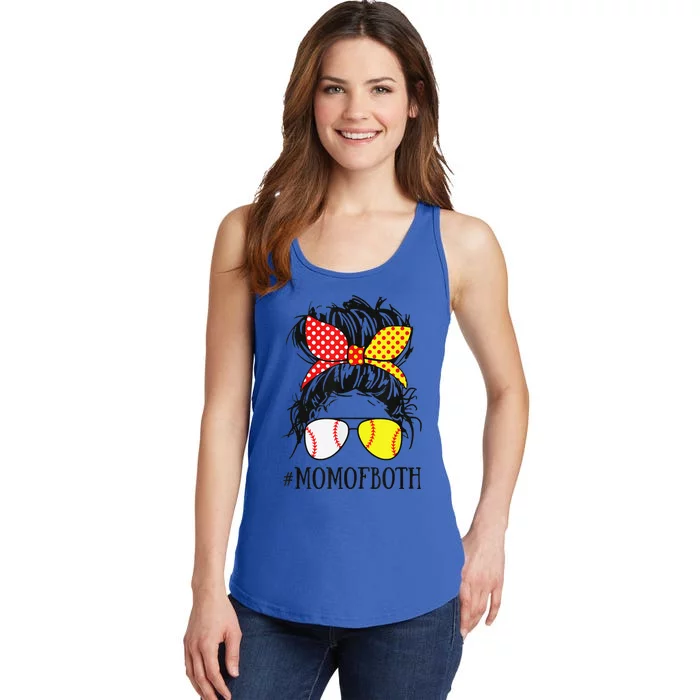 Funny Mom Of Both Baseball Mom Softball Mom Messy Bun Ladies Essential Tank