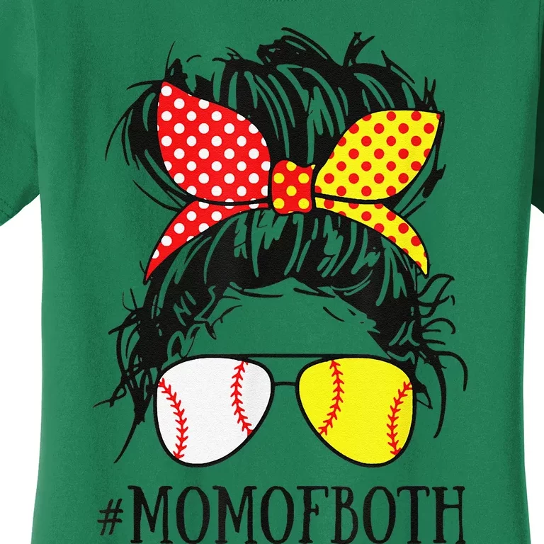 Funny Mom Of Both Baseball Mom Softball Mom Messy Bun Women's T-Shirt