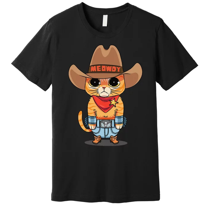 Funny Meowdy Orange Tabby Cat Cow Hat Howdy Meow Meme Premium T-Shirt