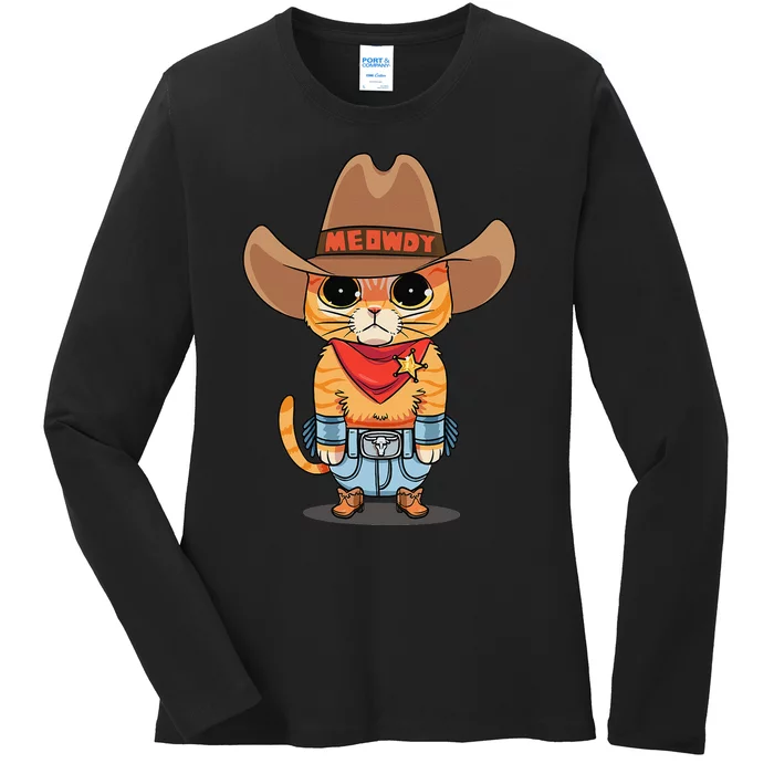 Funny Meowdy Orange Tabby Cat Cow Hat Howdy Meow Meme Ladies Long Sleeve Shirt