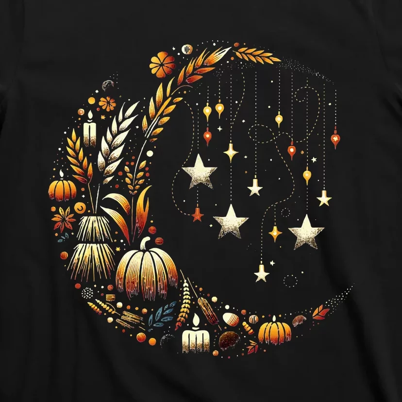 Fall Moon Pumpkins Stars Thanksgiving Harvest Doodles T-Shirt