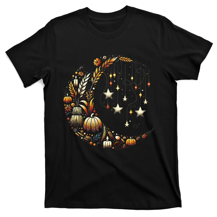 Fall Moon Pumpkins Stars Thanksgiving Harvest Doodles T-Shirt