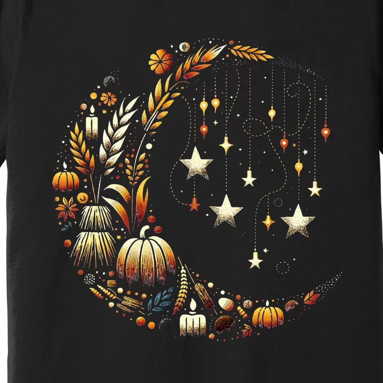 Fall Moon Pumpkins Stars Thanksgiving Harvest Doodles Premium T-Shirt