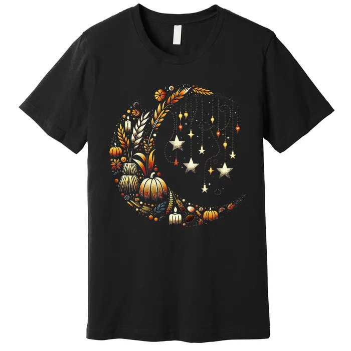 Fall Moon Pumpkins Stars Thanksgiving Harvest Doodles Premium T-Shirt